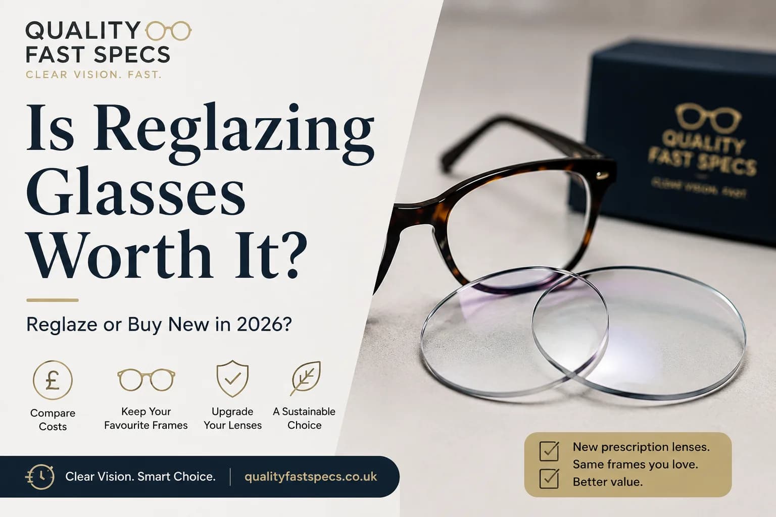 Graphic showing reglazing glasses, replacement lenses and a pair of frames