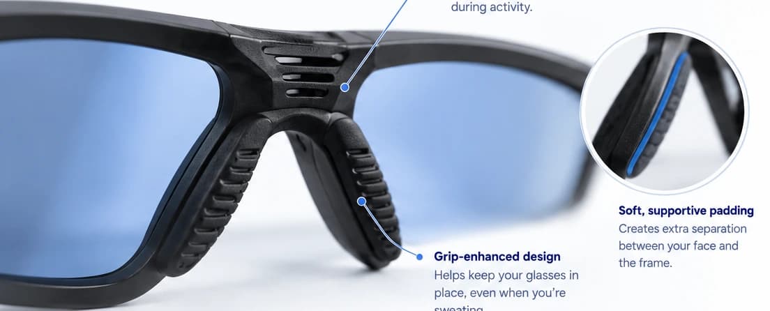 Diagram showing cushioned nose pads and the bridge contact area of a sports frame.