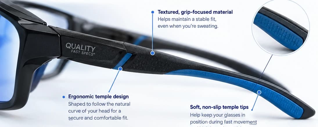 Diagram showing textured temple grips and secure contact points on a sports frame.