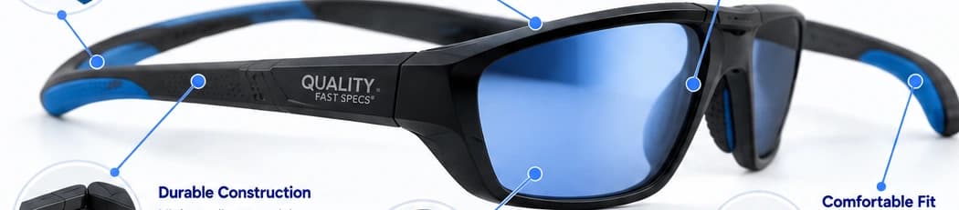 Exploded diagram showing the bridge, temples, lenses and frame components of sports glasses.