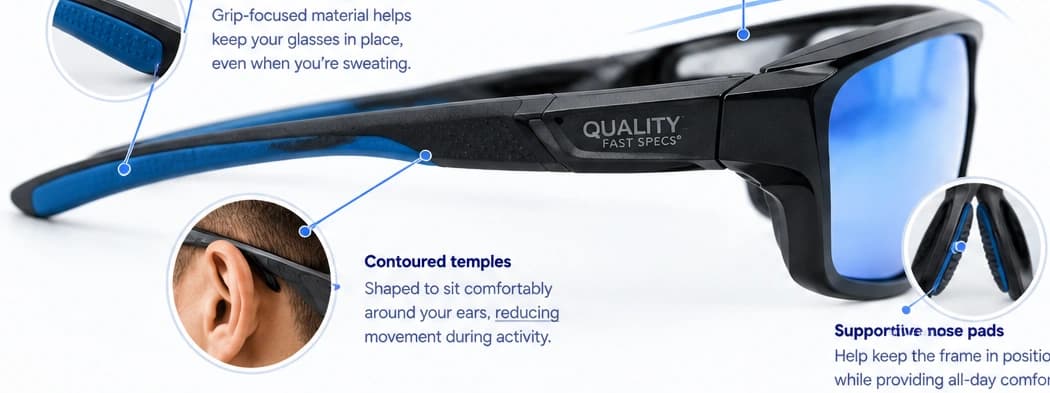 Side view of a sports frame showing contoured temples and stable contact points.