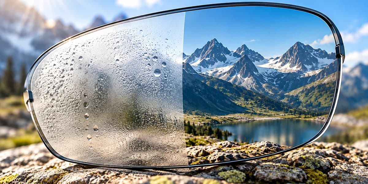 Sports lens comparison showing fogged and clear areas.