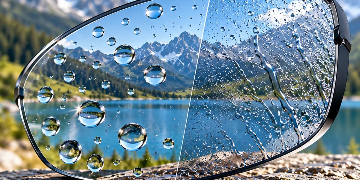 Hydrophobic sports lens with water droplets on its surface.