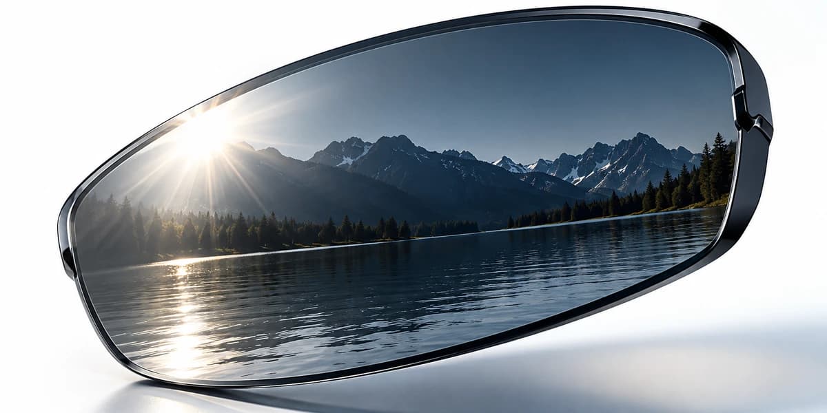 Polarised sports lens reflecting a bright mountain and water landscape.