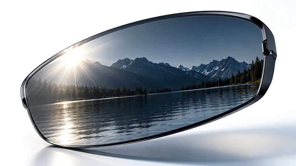 Polarised sports lens reflecting a bright mountain and water landscape.
