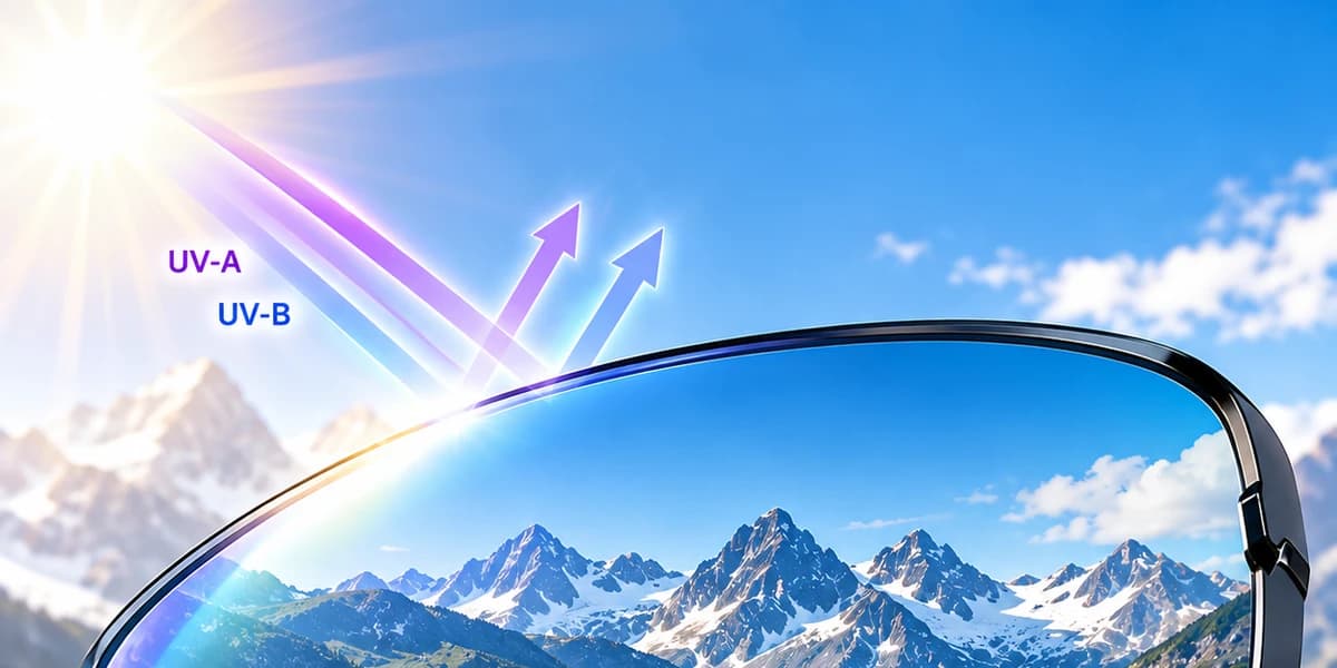Sports lens illustrating UV protection in bright mountain sunlight.