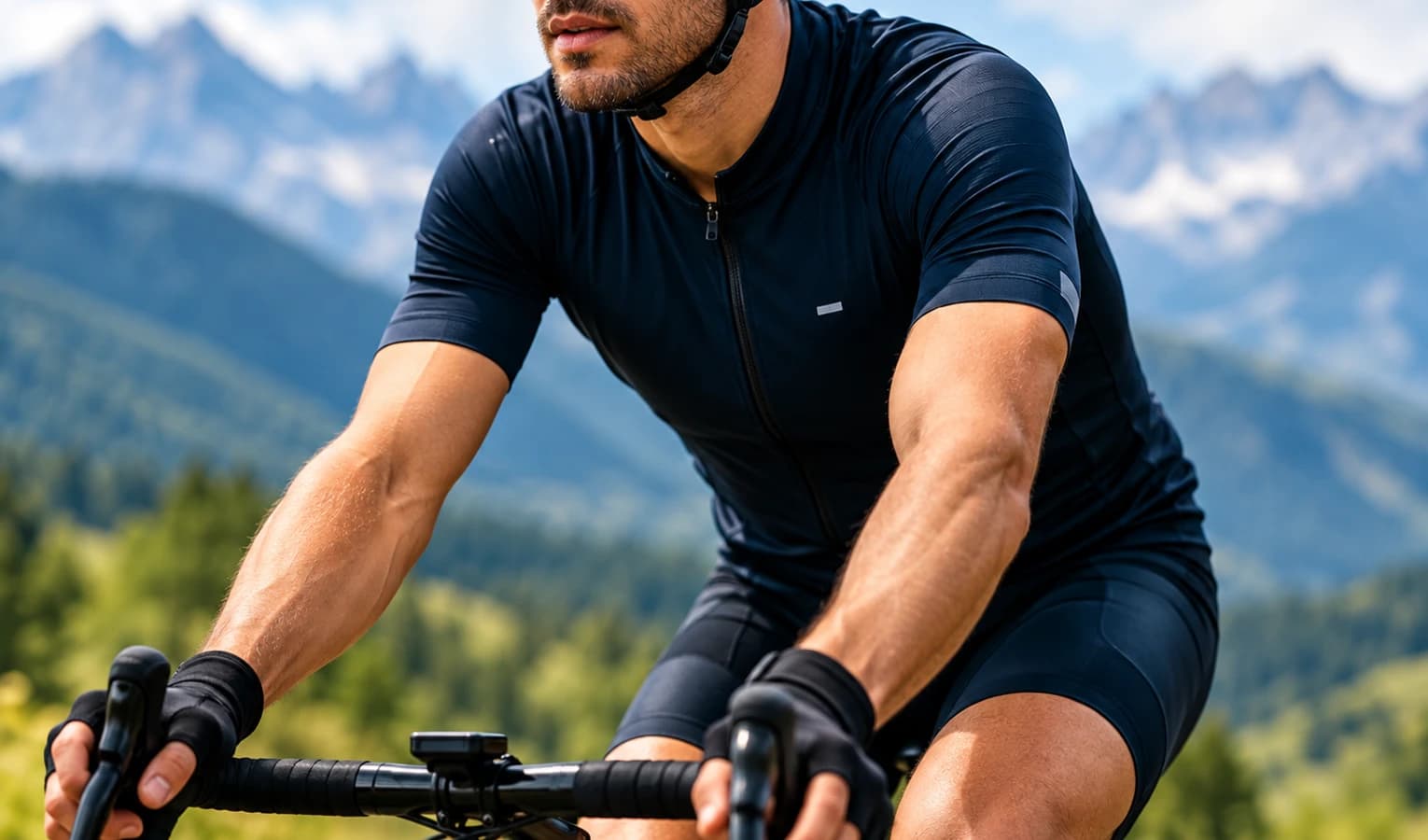 Cyclist wearing familiar sports eyewear in mountain conditions.