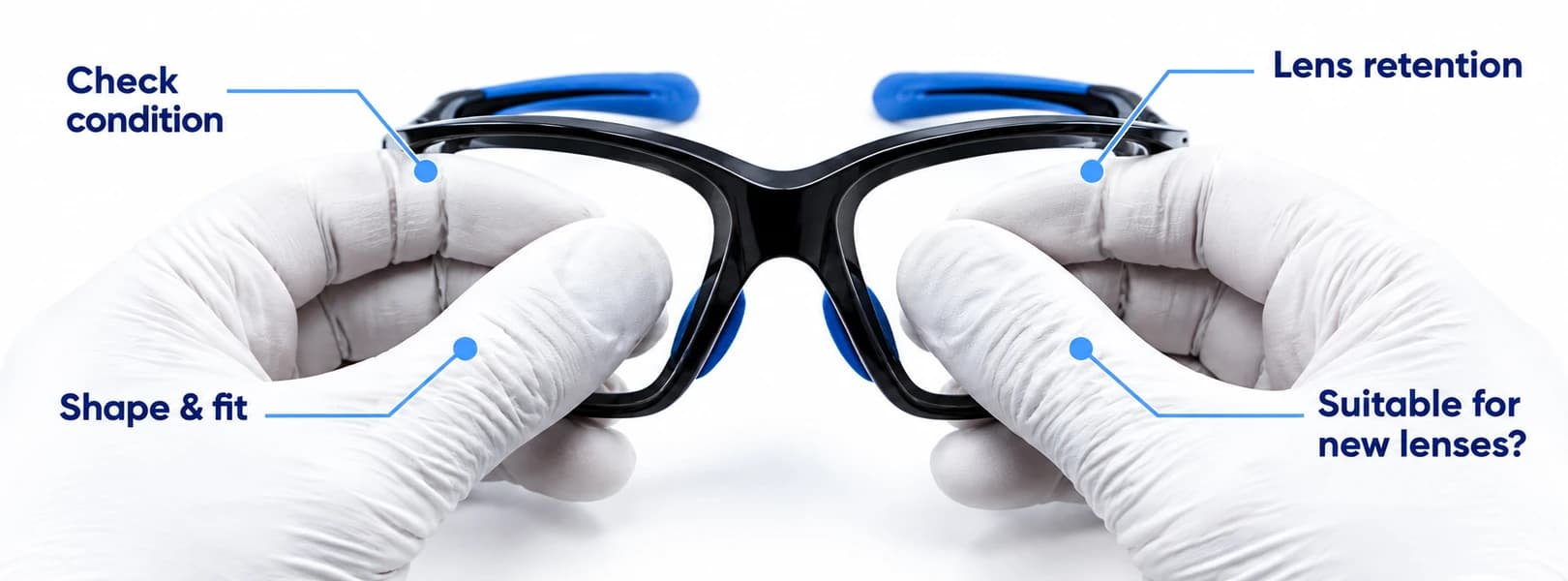 Technician inspecting the condition, shape and lens-retention system of a sports frame.