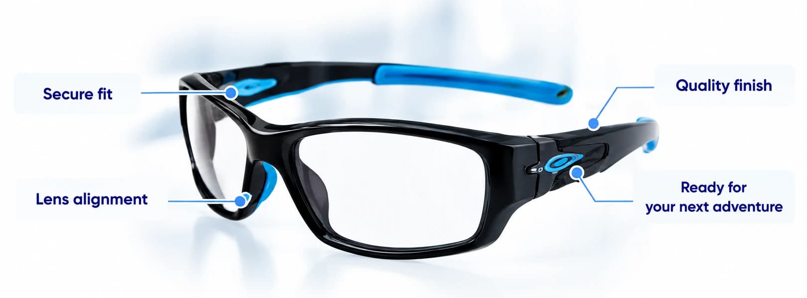 Finished sports glasses undergoing final checks for lens position, fit and finish.