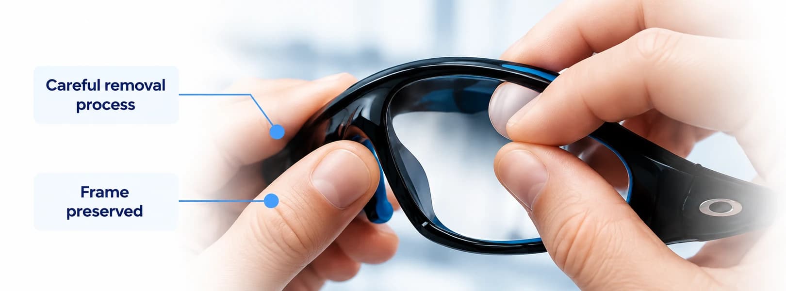 Existing lenses being carefully removed from a suitable sports frame.