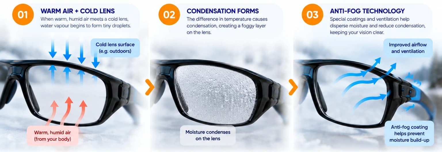 Three-stage diagram showing how anti-fog treatment helps manage condensation on sports lenses.