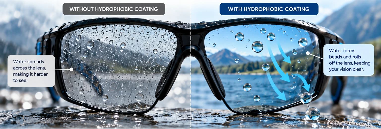 Comparison showing water remaining on an untreated lens and rolling away from a hydrophobic lens.