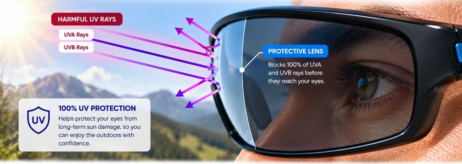 Diagram showing a sports lens between the wearer's eye and incoming UVA and UVB rays.