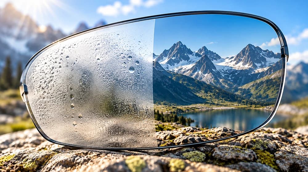Sports lens illustrating condensation and clear vision in changing temperatures.