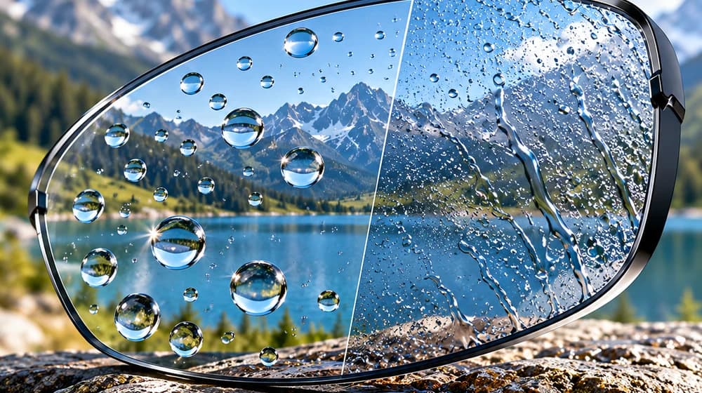 Hydrophobic sports lens with water droplets on its surface.