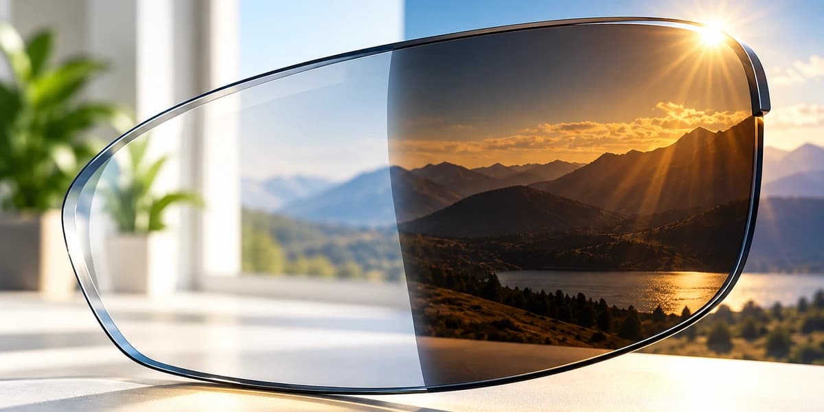 A sports lens demonstrating a custom light-adaptive treatment.