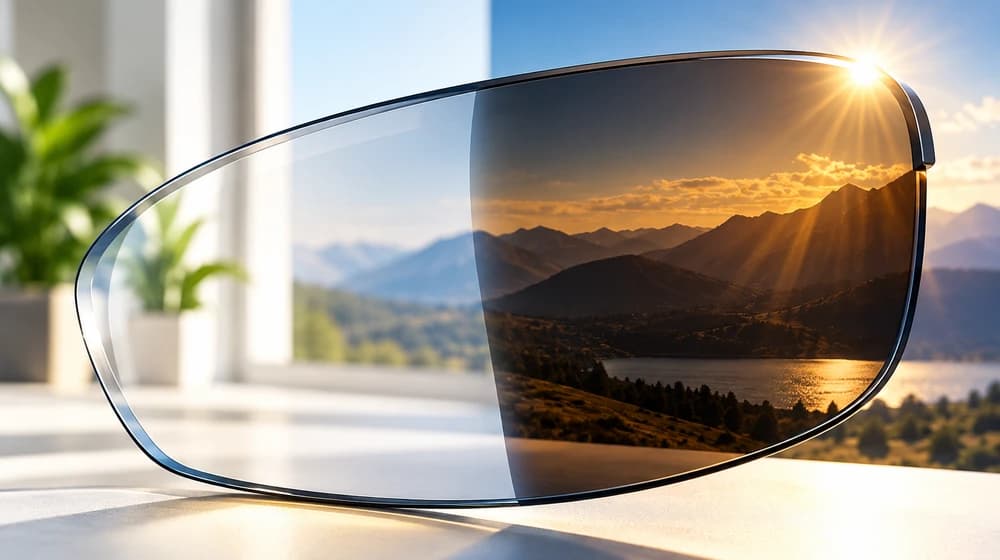 Photochromic sports lens adapting between clear and dark states.