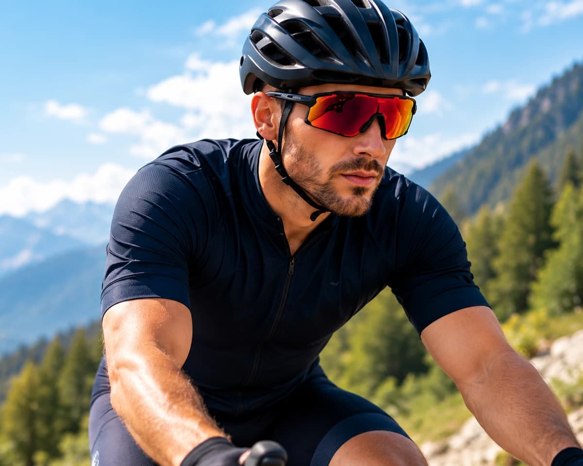 Cyclist wearing red sports glasses in the mountains.