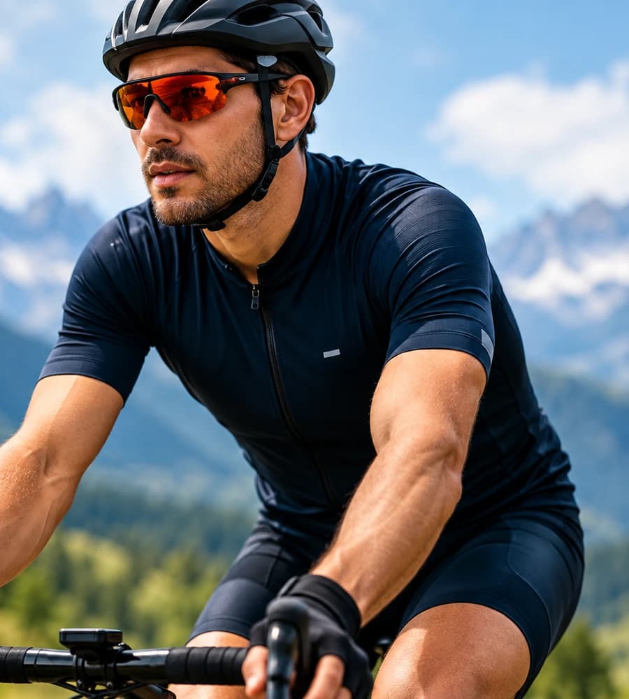 Cyclist wearing familiar sports eyewear in mountain conditions.