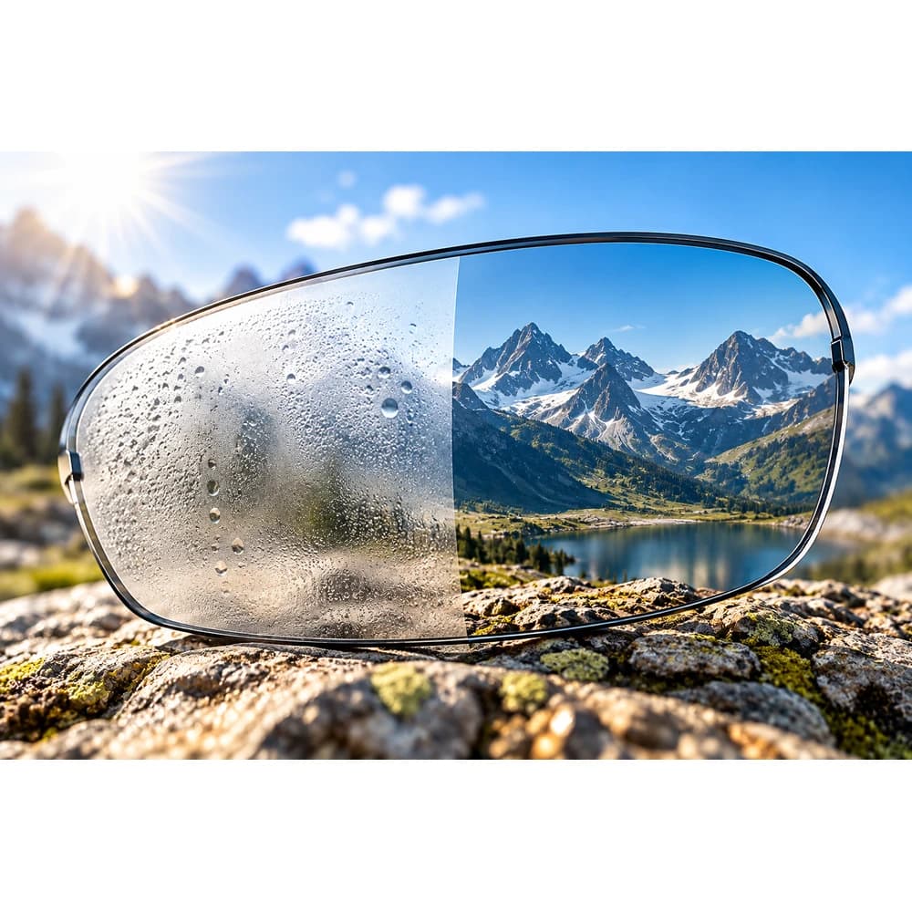 Sports lens comparison showing fogged and clear areas.