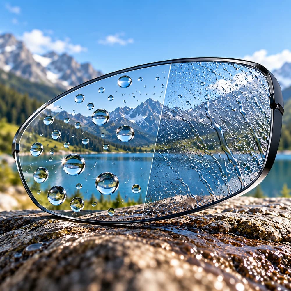 Hydrophobic sports lens with water droplets on its surface.