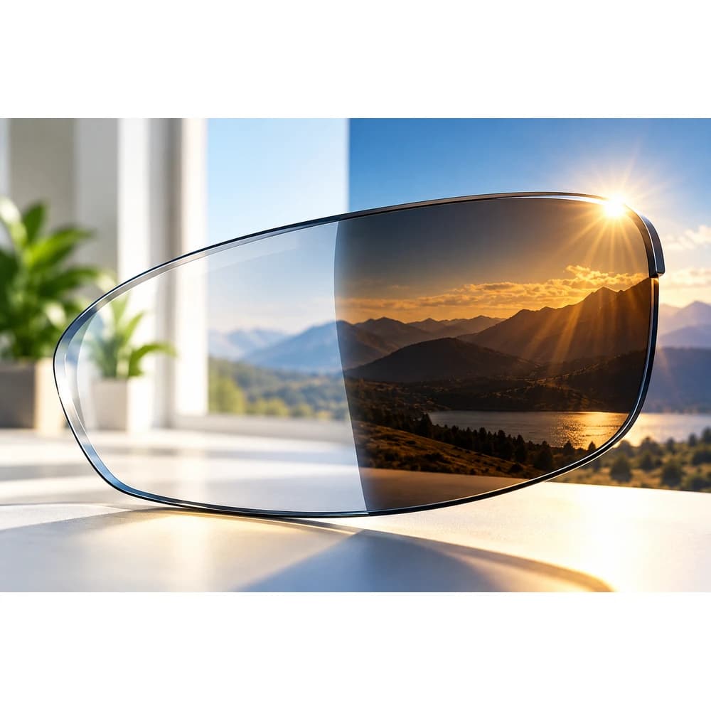 Photochromic lens transitioning between clear and dark states.