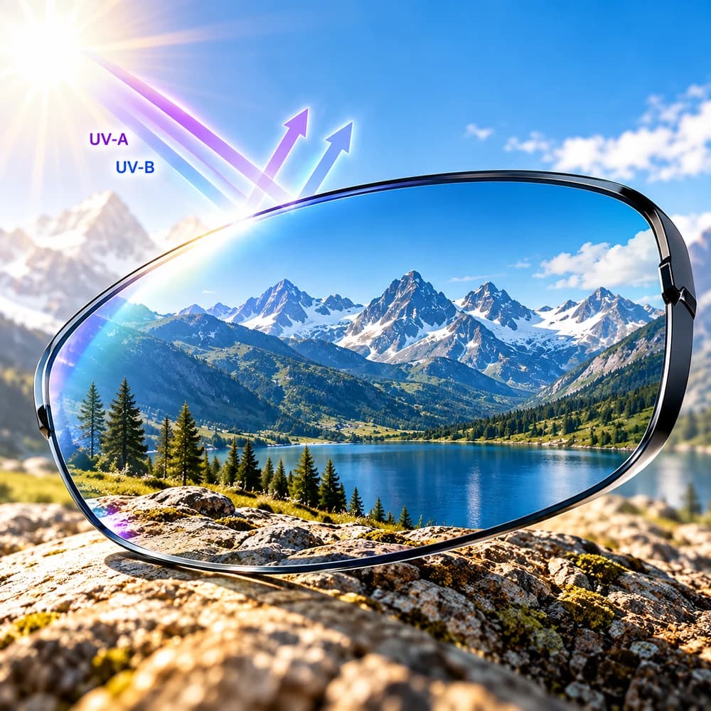 Sports lens illustrating UV protection in bright mountain sunlight.