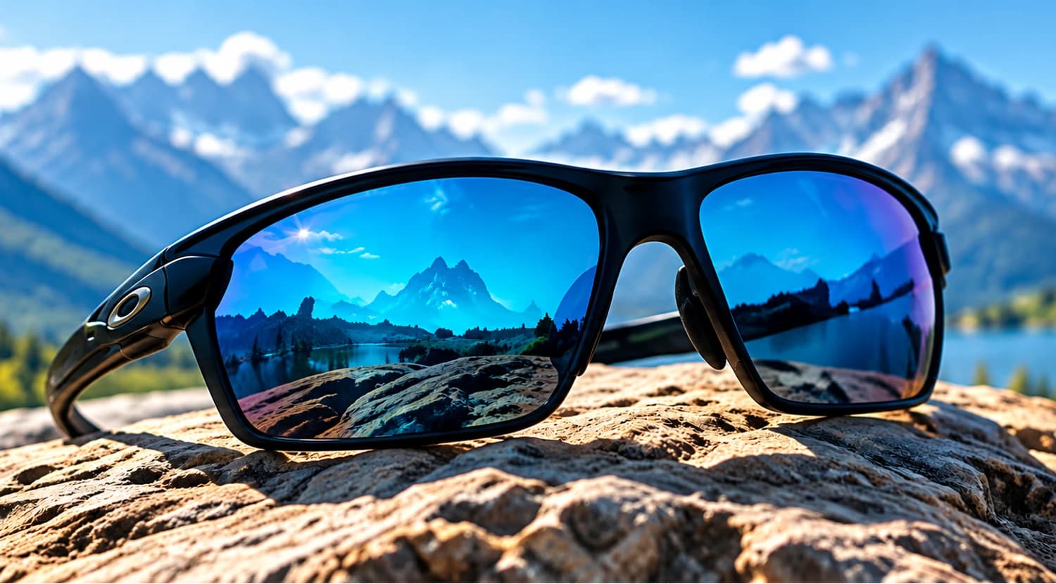 Blue sports glasses resting on a rock in the mountains.