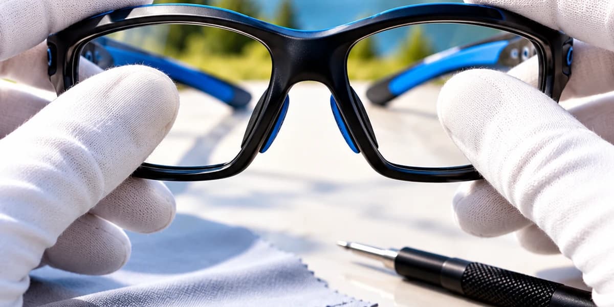 Technician inspecting the condition, shape and lens-retention system of a sports frame.