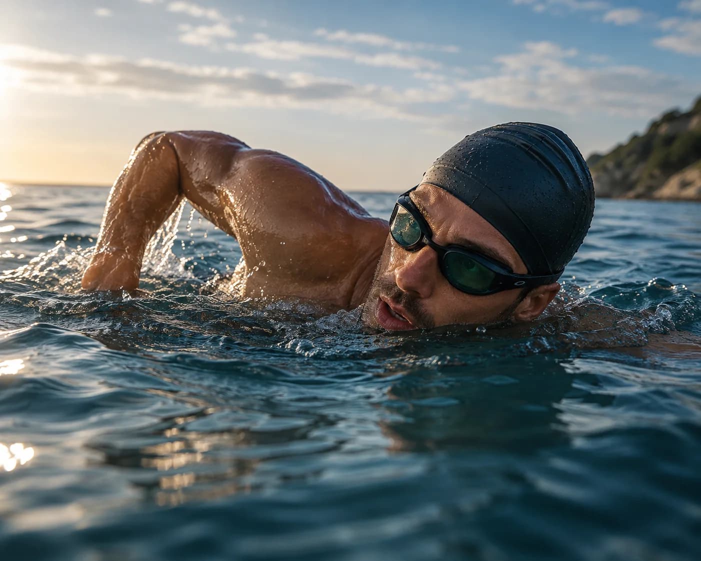 Swimmer wearing fitted swimming eyewear.