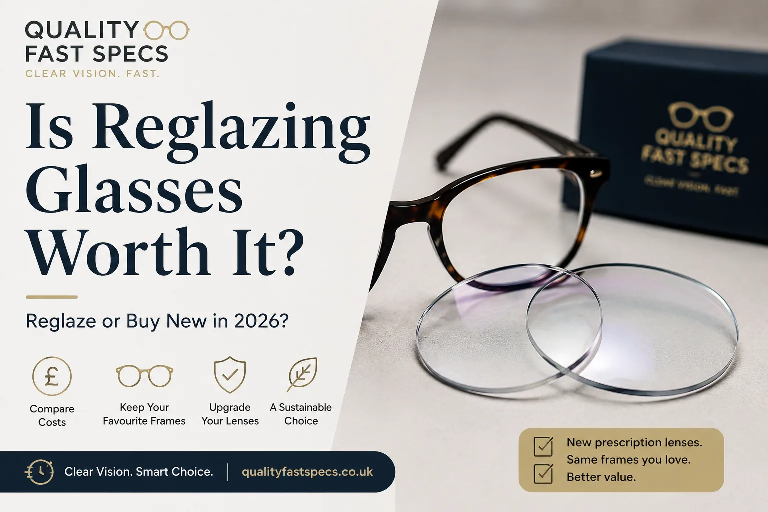 Graphic showing reglazing glasses, replacement lenses and a pair of frames