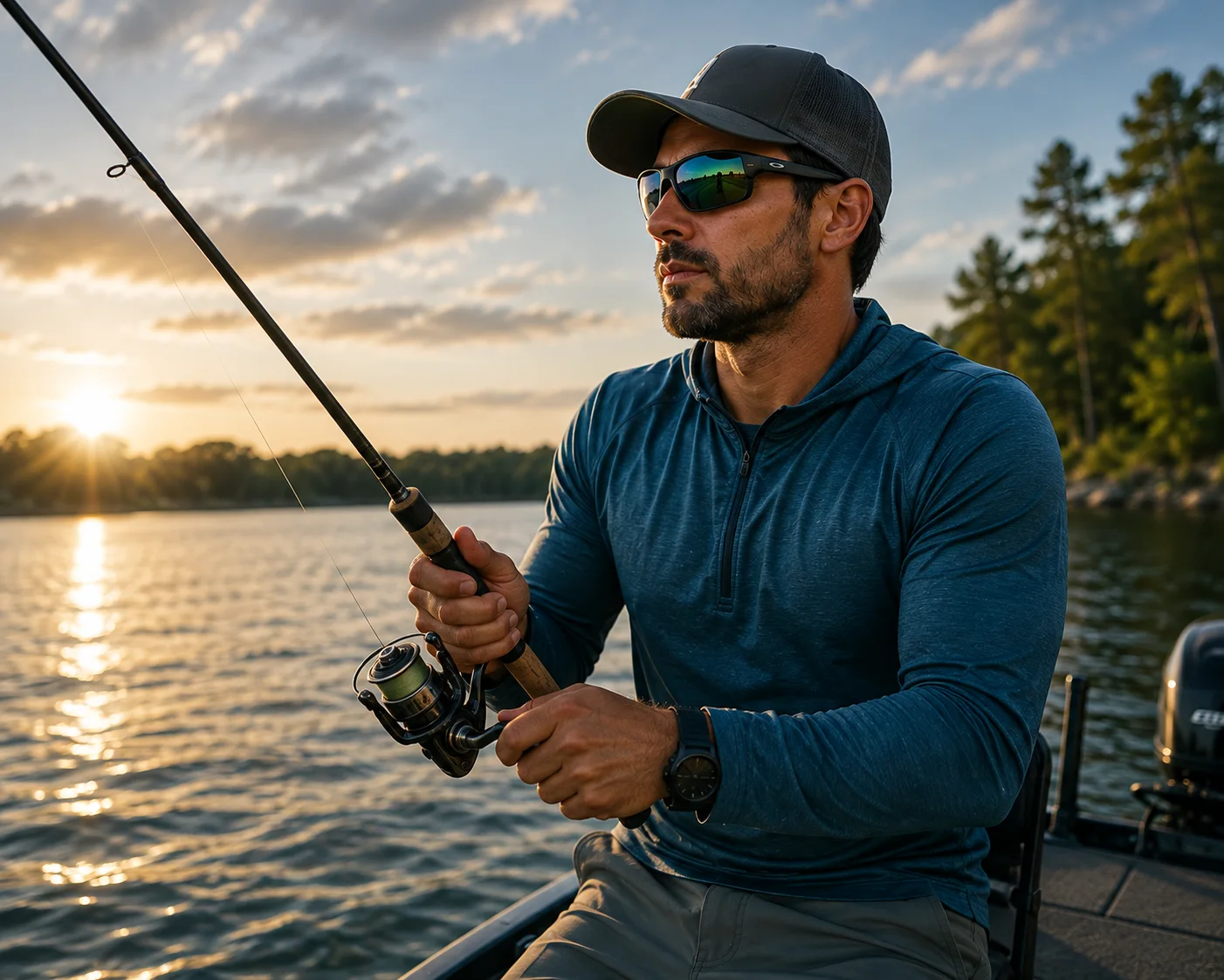 Angler wearing sports glasses beside the water.