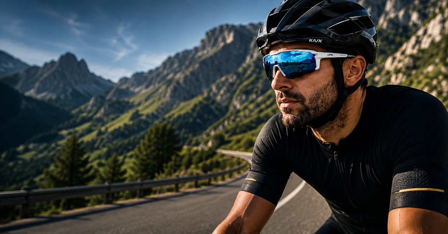 Cyclist wearing performance sport eyewear