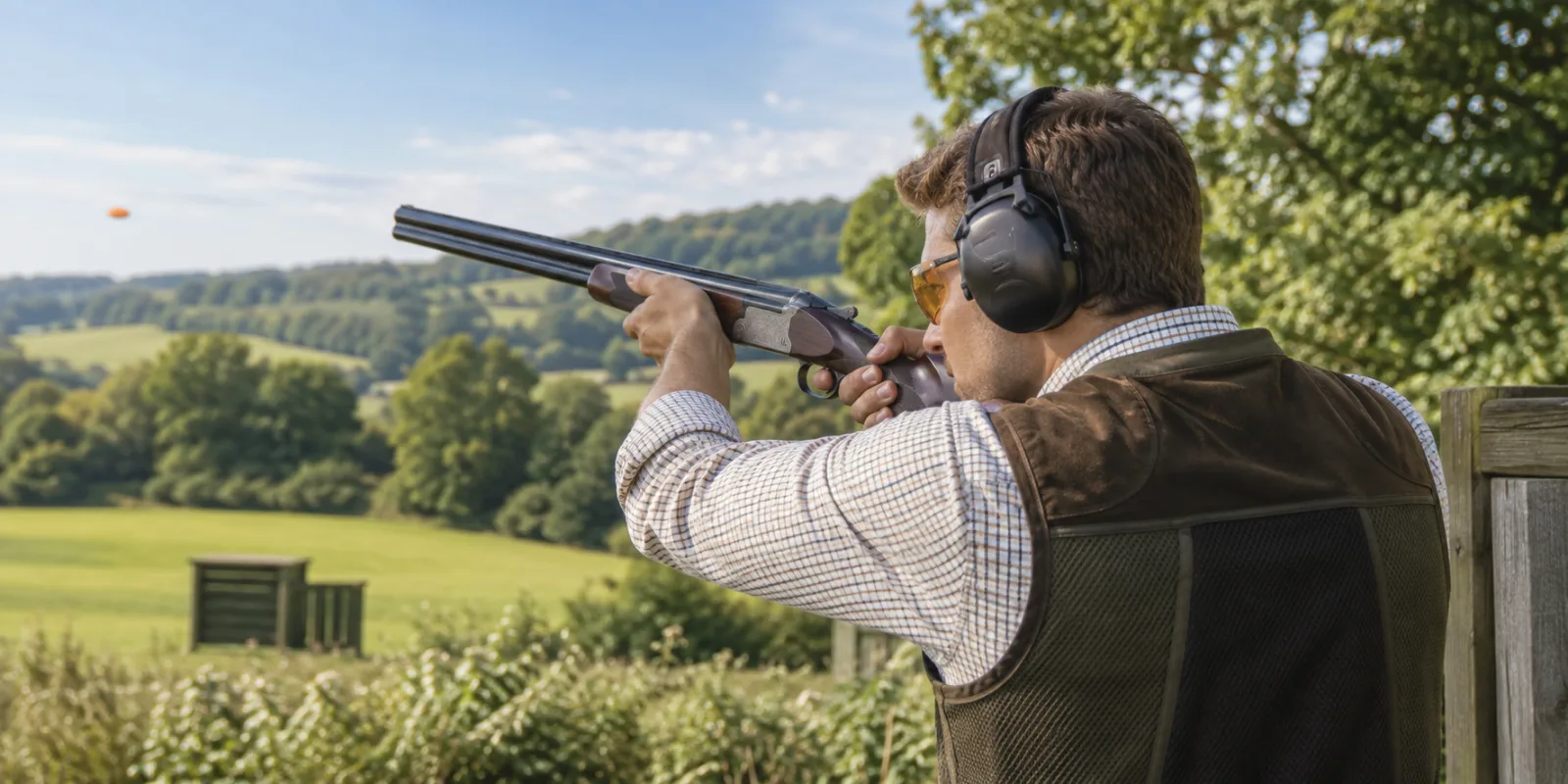 Clay-target shooter wearing protective sports glasses and ear protection.