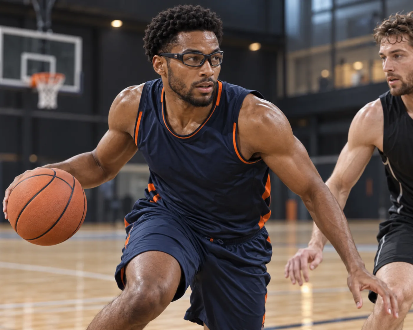 Basketball player driving with the ball in prescription sports glasses.