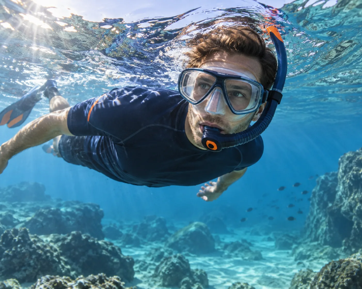 Snorkeller swimming in clear water with a fitted prescription-compatible diving mask.