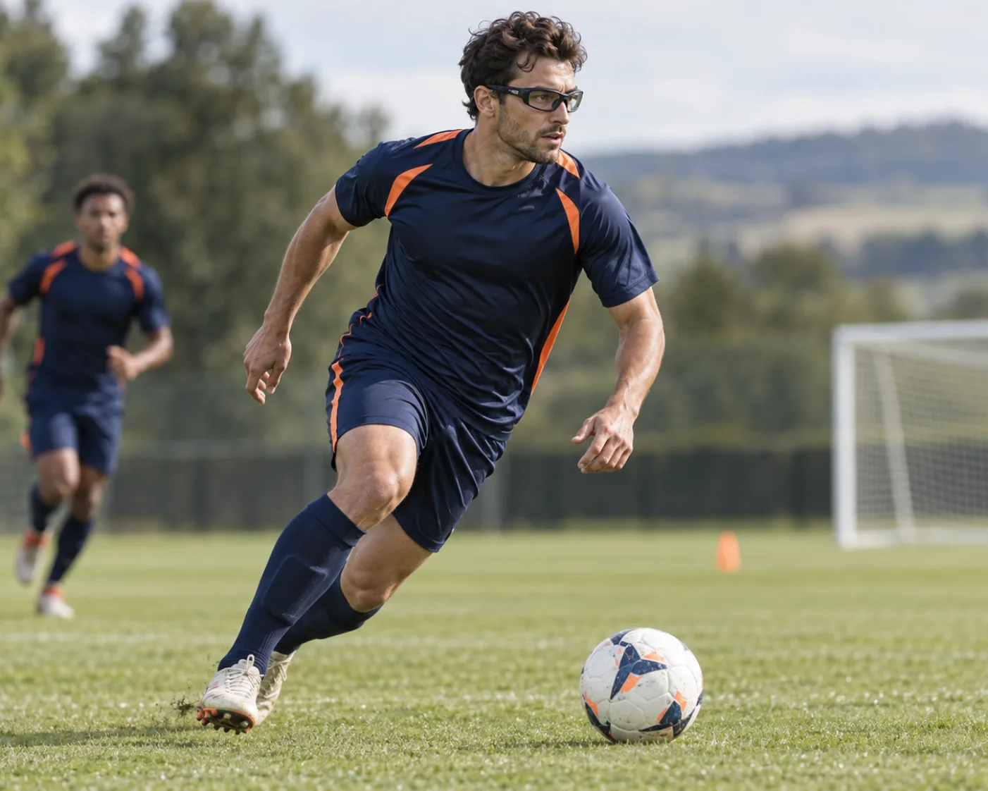 Football player training in wraparound prescription sports glasses.