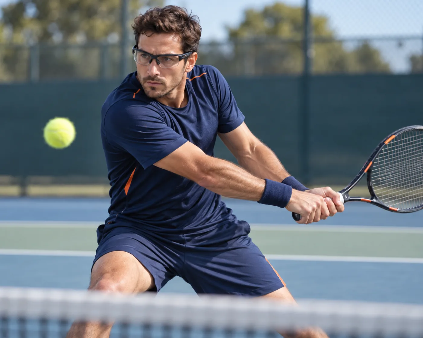 Tennis player returning a ball in secure prescription sports glasses.