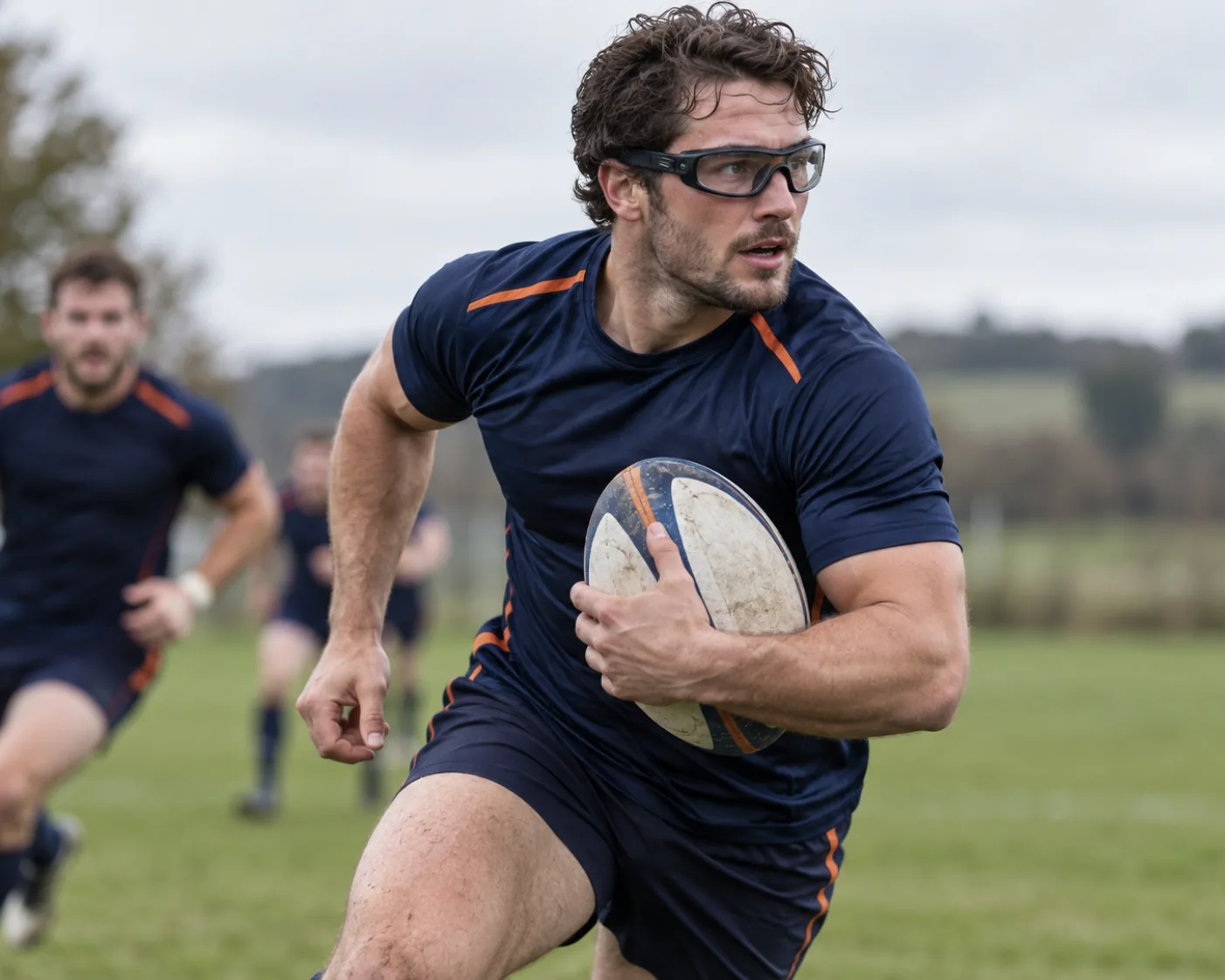 Rugby player carrying the ball while wearing clear protective sports glasses.