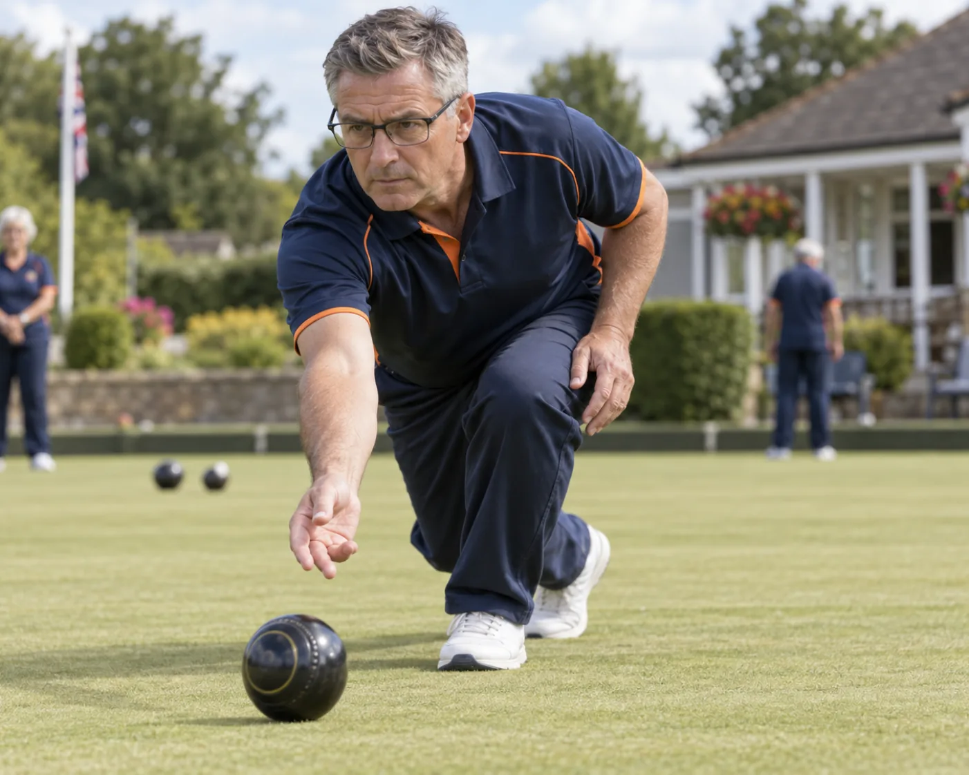 Lawn bowls player delivering a bowl while wearing prescription sports glasses.